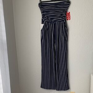 NWT Heart Hips Navy/White Striped Strampless Wide Leg Jumpsuit Size L